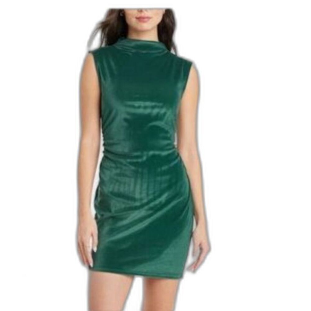 A New Day Women Dress Side Ruched Velvet Sleeveless Green L